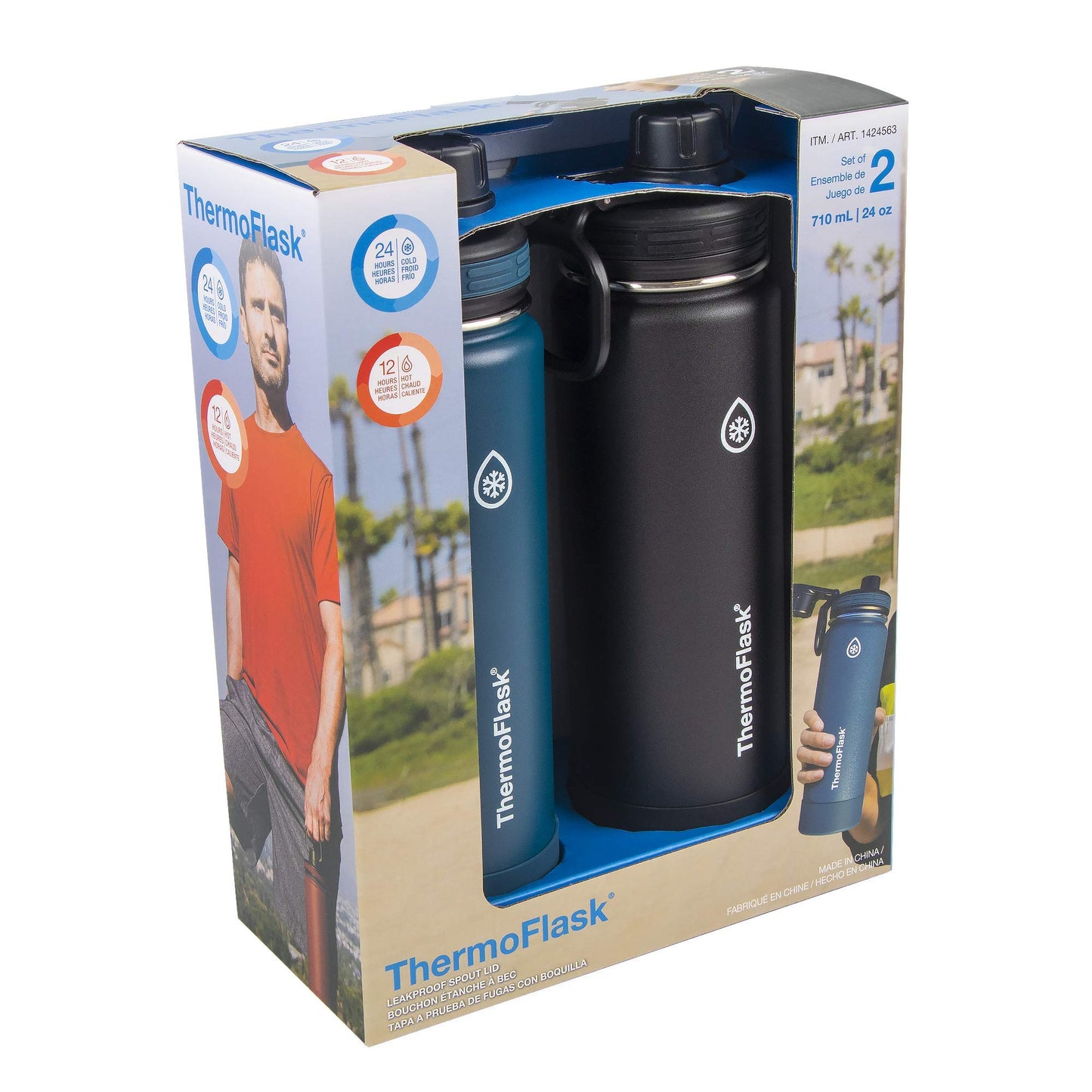 ThermoFlask 24 oz Double Wall Vacuum Insulated Stainless Steel 2-Pack of Water Bottles, Mayan Blue/Black