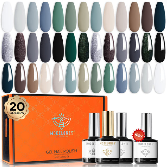 modelones 24Pcs Gel Nail Polish Kit, Lucky Tarot Collection 20 Colors Gel Polish Set Forest Green Grey Brown Nail Gel with Bond Primer Glossy & Matte Top Coat Base Coat Manicure Gifts