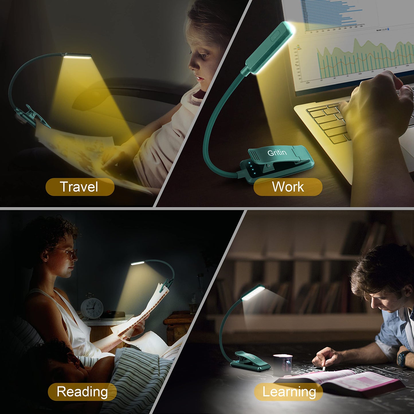 Gritin 9 LED Rechargeable Book Light for Reading in Bed - Eye Caring 3 Color Temperatures,Stepless Dimming Brightness,80 Hrs Runtime Small Lightweight Clip On Book Reading Light for Studying-Green