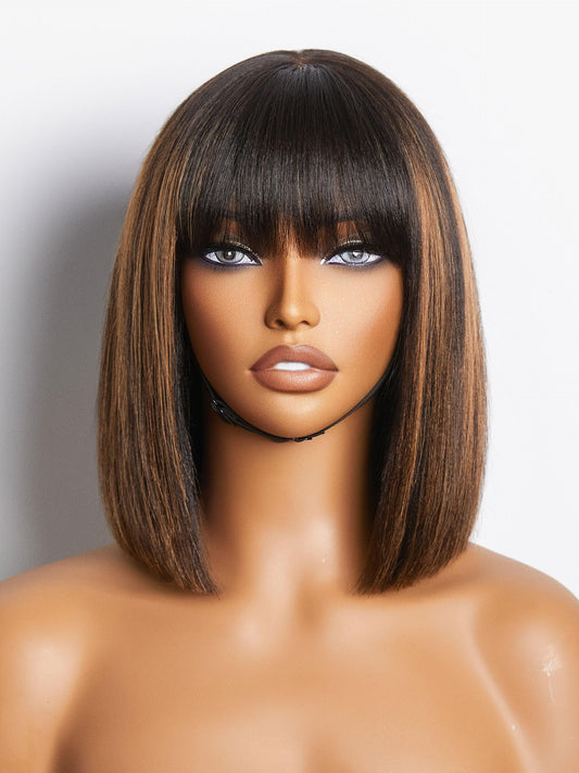 LUVME HAIR 10 Inch Yaki Straight Bob Wig with Bangs Human Hair Glueless HD Lace Bob Wig with Brown Highlights, Ready to Go Short Wigs For Women 180 Density (Breathable Cap)…