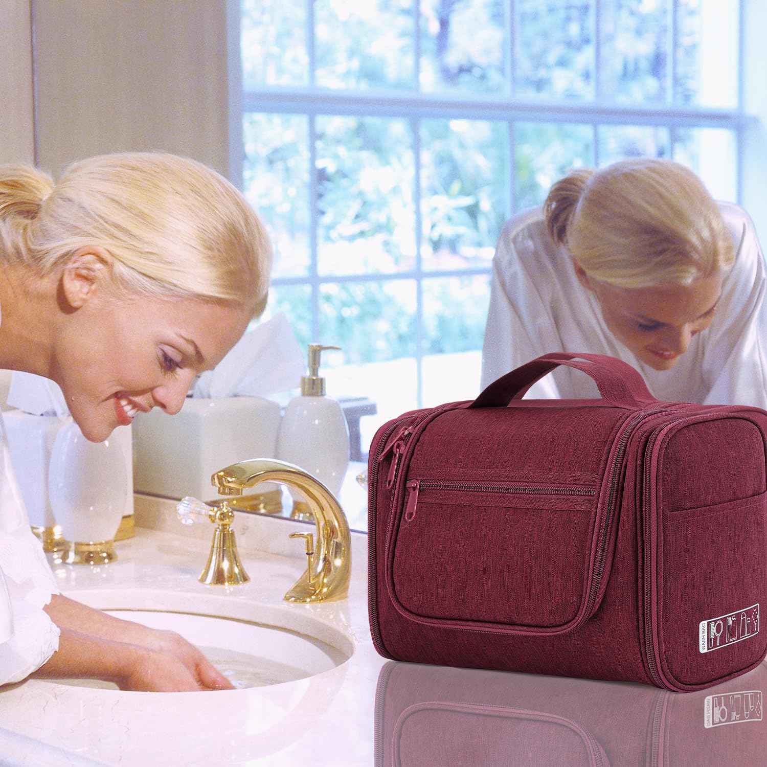 WANDF Large Hanging Toiletry Bag Travel Cosmetic Makeup Organizer Water-Resistant Shower Bathroom Bag for Women and Men (Red)