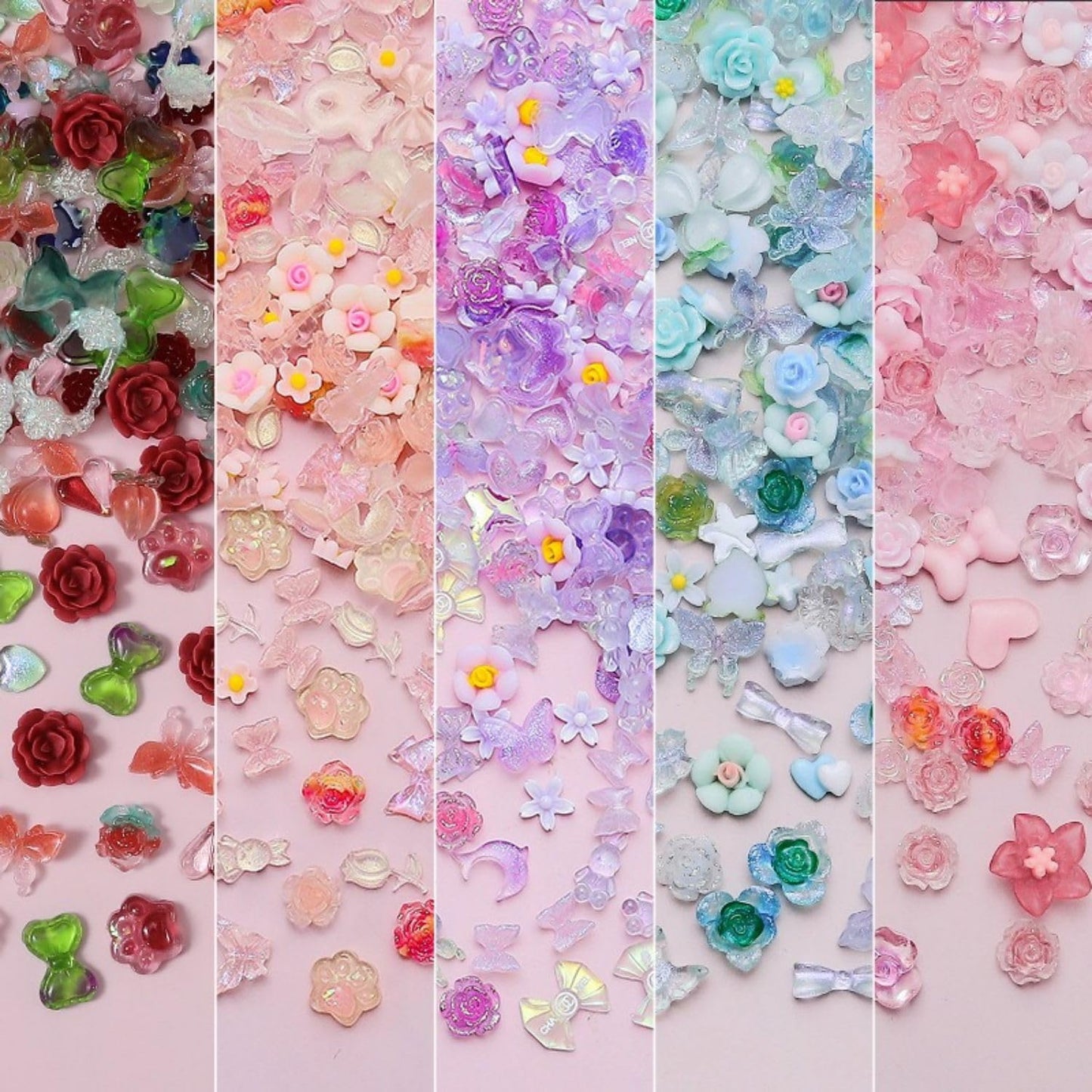 3D Red Flower Manicure Gems with Rose Nail Rhinestone, Colorful Acrylic Double Color Nail Charms Rhinestones for Nails DIY