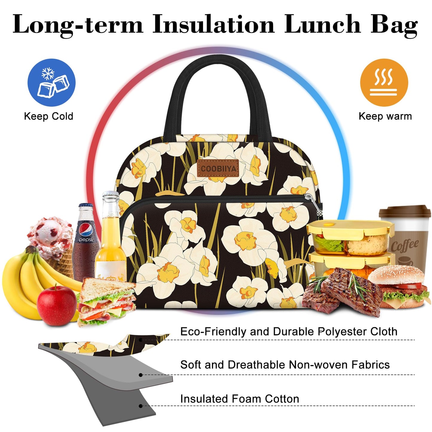 Coobiiya Lunch Bag Women, Lunch Box Lunch Bag for Women Adult Men, Small Leakproof Cute Lunch Tote Large Capacity Reusable Insulated Cooler Lunch Container for Work/Office/Picnic/Travel-Daffodil