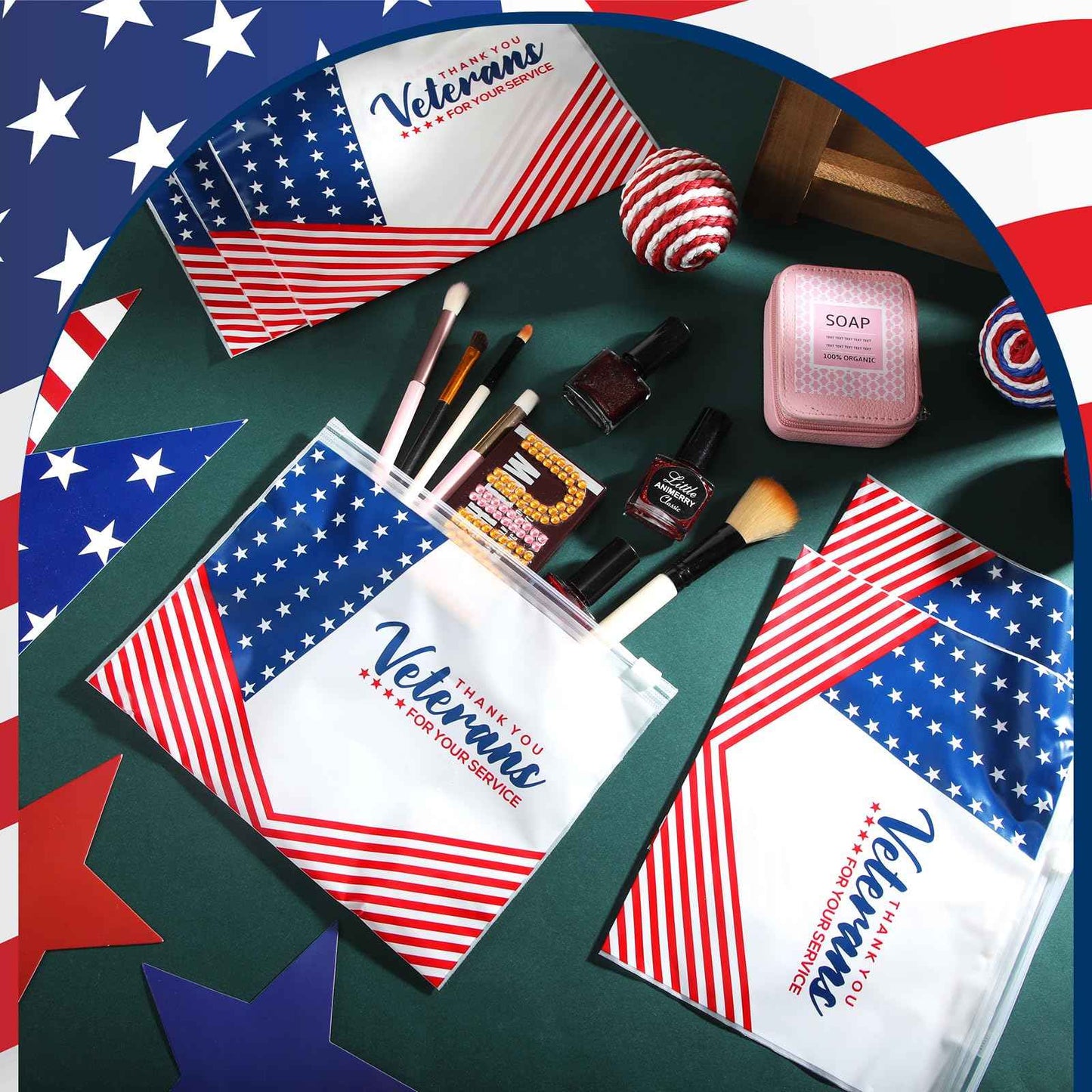 SilTriangle 150 Pcs Veterans Thank You Bag Bulk Red Blue EVA Cosmetic Bag American Flag Thank You for Your Service Gifts Patriotic USA Military Party Favors for Veterans Day Men Soldier