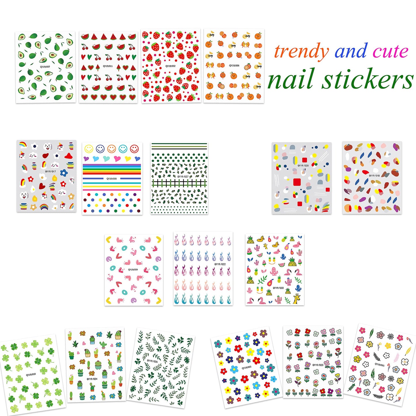 18 Sheets Nail Stickers for Women and Little Girls Nail Art Decoration - Self-Adhesive DIY Nail Decals Set Including Hearts Fruits Flowers Leaves Animals Rainbow Nail Art Stickers for Woman Kids