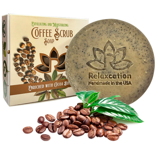 Relaxcation 100% Natural Coffee Scrub Soap Bar with Organic Cocoa Butter and Fresh Ground Coffee - Natural Cold Process Soap Handmade in USA Coffee Scrub | Coffee Latte Aroma Oil