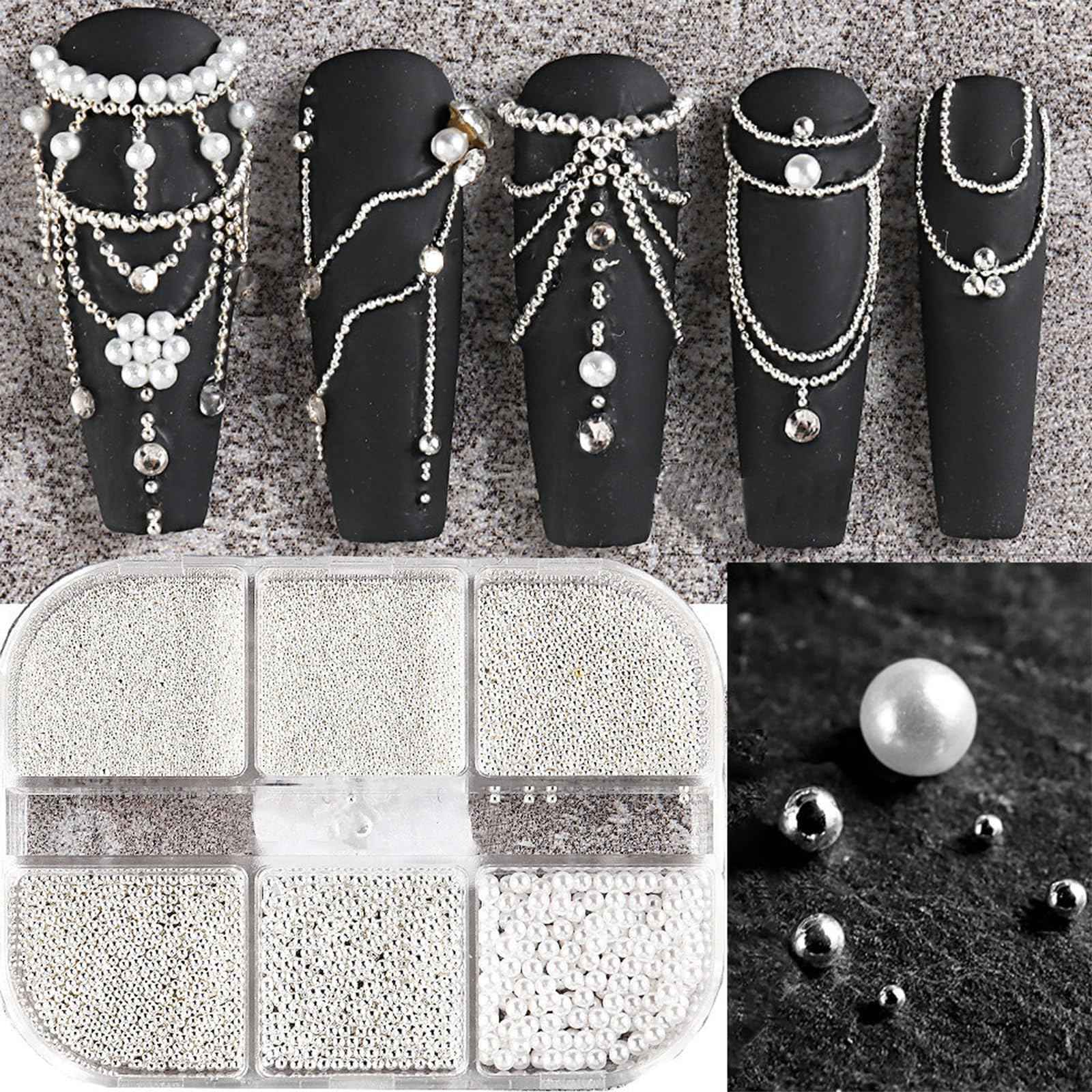 3D Nail Art Steel Pearls Mini Caviar Beads Silver Nail Charm 0.4mm-1.2mm Mini Caviar Metal Steel Beads for Women DIY Nail Art Accessories