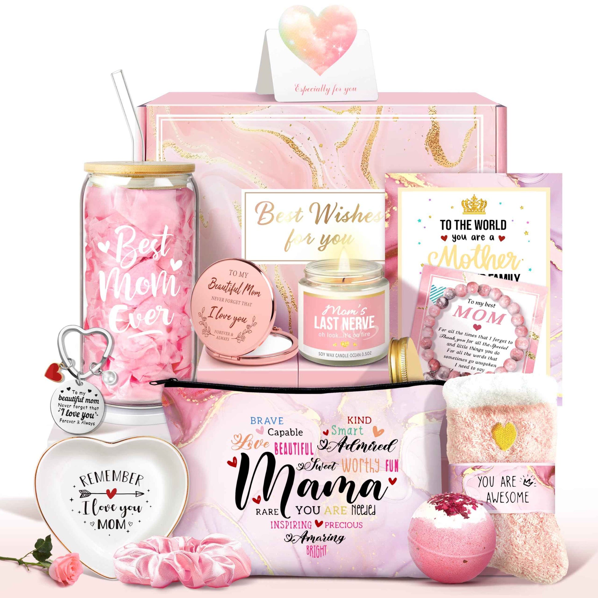 Jumway Gifts for Mom Gifts Basket, Mother's Day Gifts for Mom Birthday Gifts Set Include Glass Cup, Scented Wax Candle, Bath Bomb Scented Soap Make-up Bag