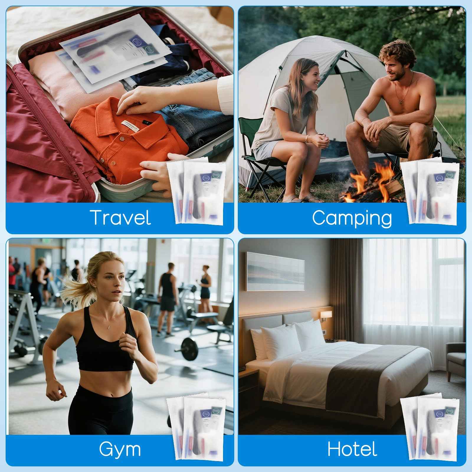 Toiletry Kits Travel Essentials Disposable Hygiene in Bulk, Trial Size Toiletries Supplies Individually Wrapped Traveling Personal Care Items, for Camping, Hotel, Homeless, Charity, 8-in-1 (20-Pack)