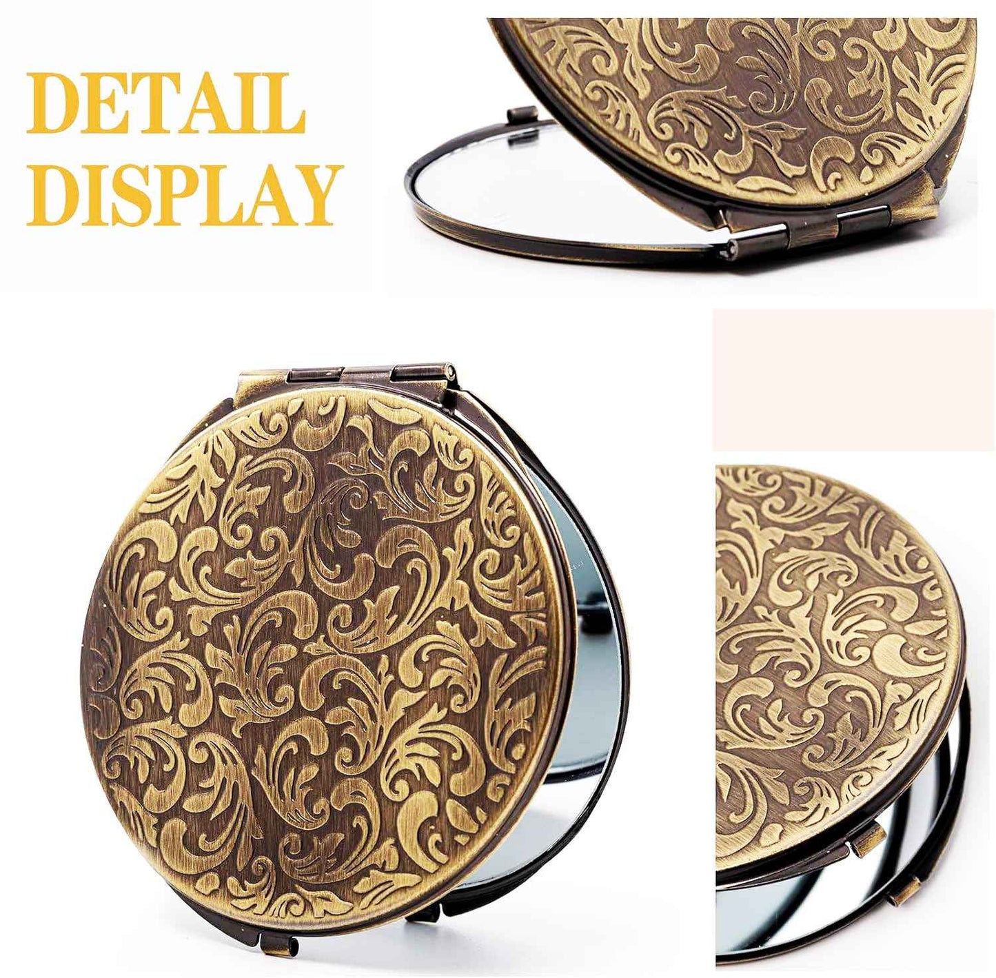 Retro metal compact travel mirror 1x/2x magnification compact portable foldable, used as a compact magnifying glass for wallets and pockets, distortion free folding portable compact mirror (bronze)
