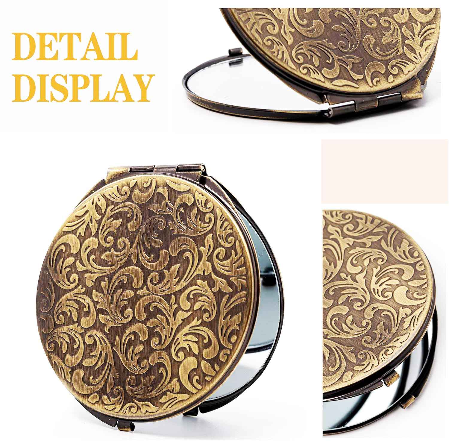 Retro metal compact travel mirror 1x/2x magnification compact portable foldable, used as a compact magnifying glass for wallets and pockets, distortion free folding portable compact mirror (bronze)
