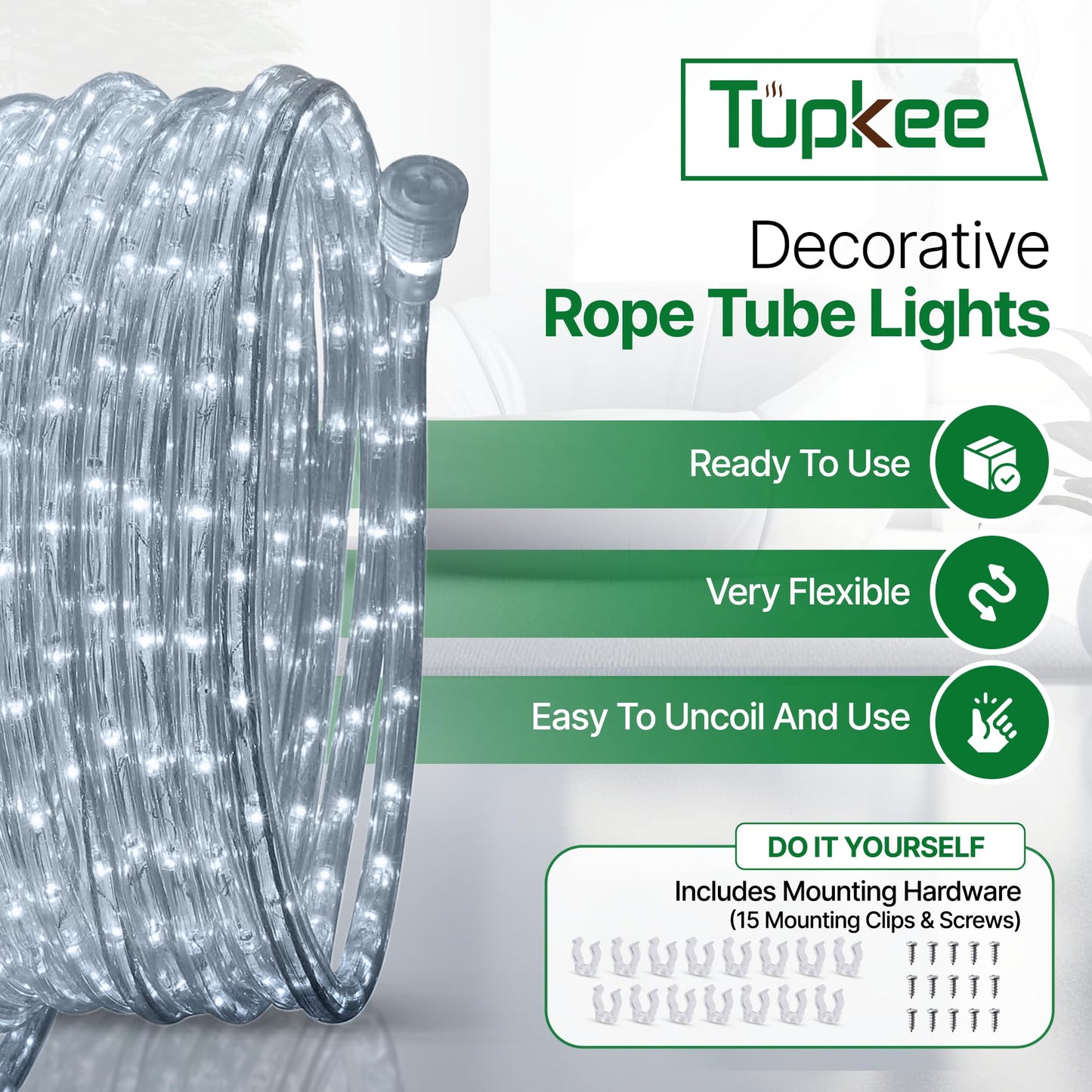 Tupkee LED Rope Light Cool-White - 24 Feet (7.3 m), for Indoor and Outdoor use - 10MM Diameter - 144 LED Long Life Bulbs Decorative Rope Tube Lights