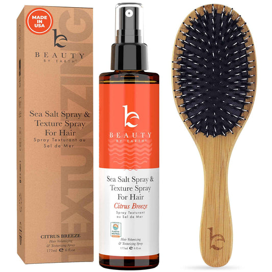 Beauty by Earth Sea Salt Spray for Hair Made From Natural & Organic Ingredients and Boar Brush with Pins, Texturing Spray for Men & Women