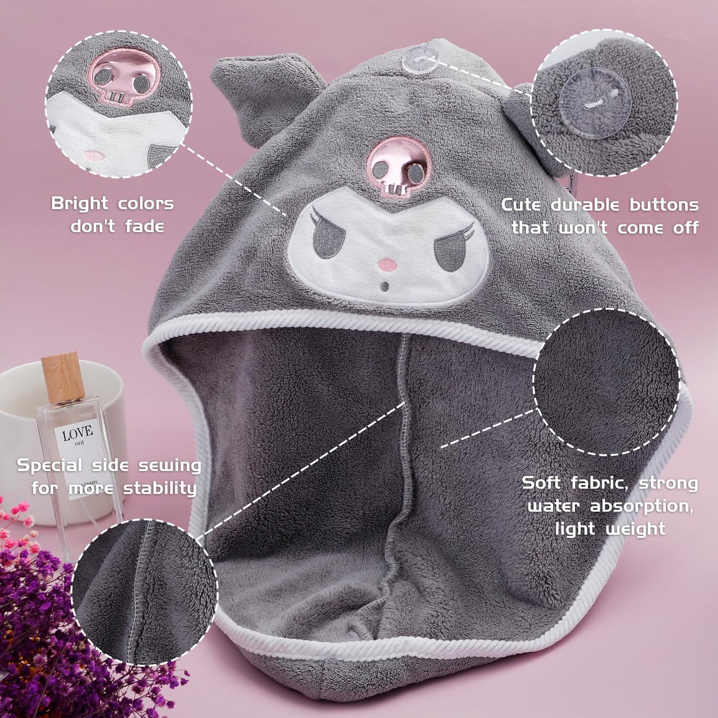 U-CHYTY Cartoon Kitty Microfiber Hair Towel,Anime Hair Turbans for Wet Hair, Drying Hair Wrap Towels for Curly Hair Women Anti Frizz (Gray)