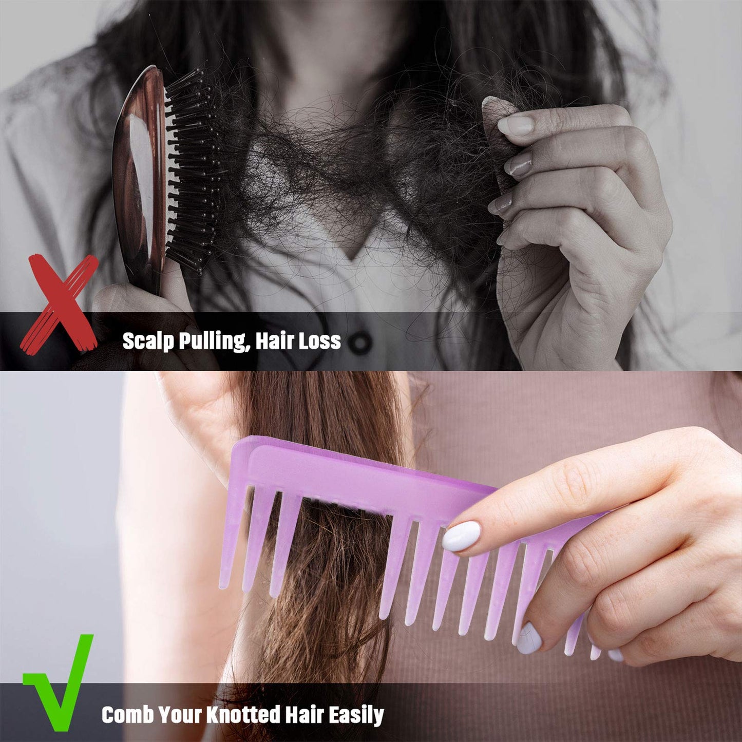 Large Detangling Comb for Curly, Wet or Dry Hair - Wide Tooth Styling and Shampoo Comb, No Handle (Purple, White)