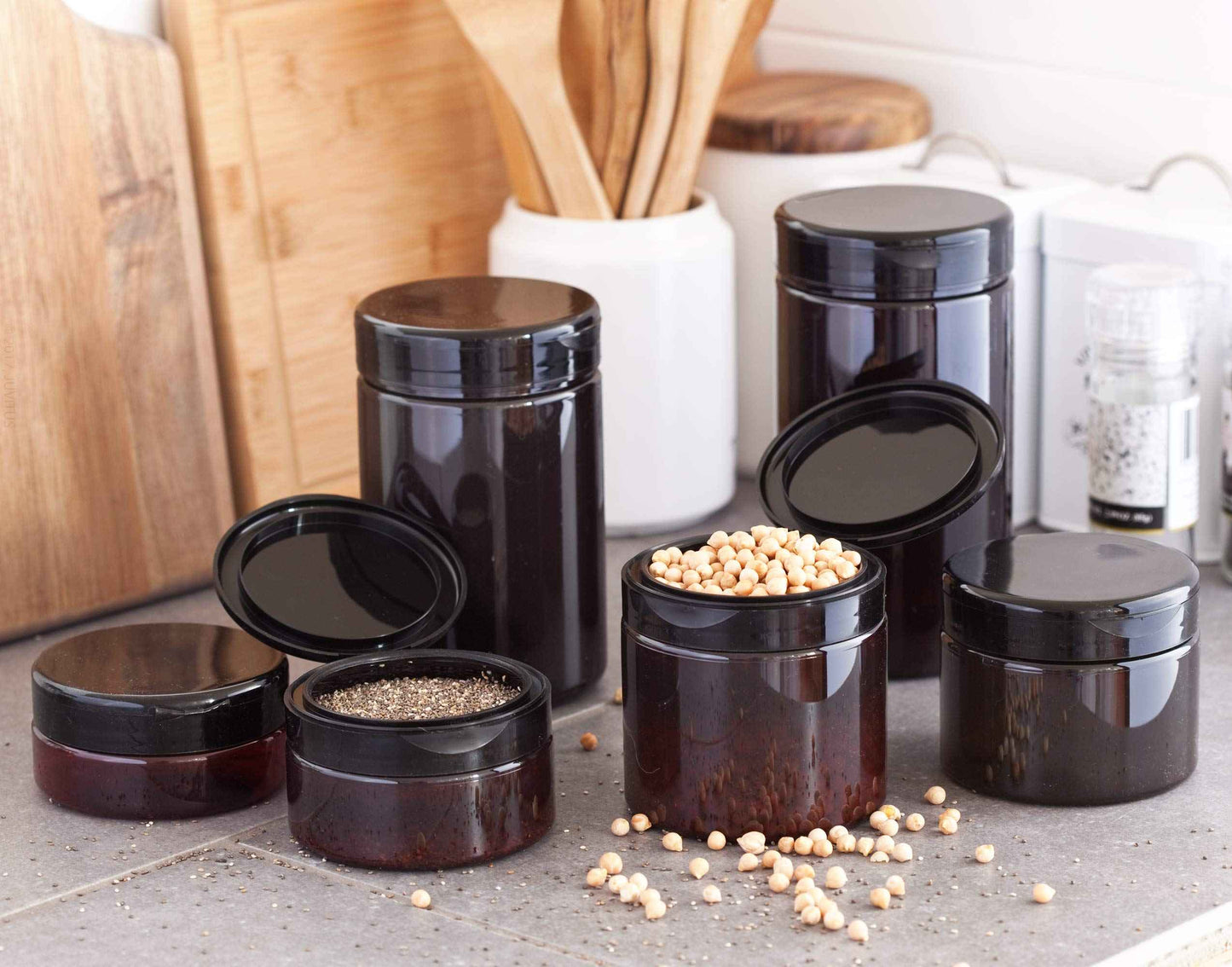 (6 Pack) 8 oz Amber Plastic Low Profile Jar with Wide Mouth Black Flip Top