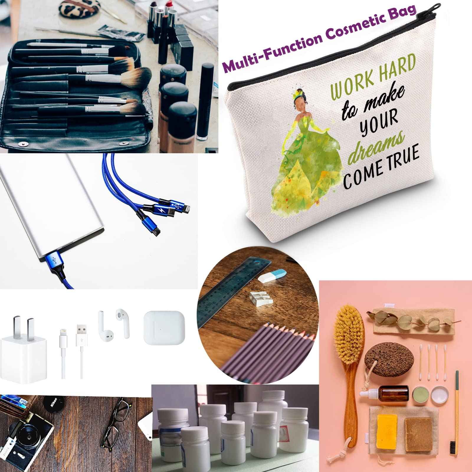 TSOTMO Tiana Gift Princess Gifts Cartoon Movie Merchandise Gift For Movie Fans Movie Quotes Inspirational Makeup Bag For Women Girls (WORK HARD)