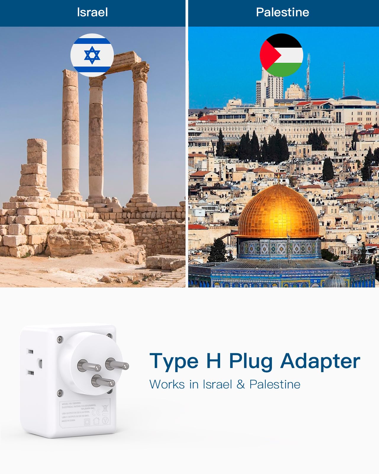 2 Pack Israel Power Adapter, One Beat Israel Travel Plug Adapter with 3 American Outlets 3 USB Ports(1 USB C), 6 in 1 Type H Travel Adapter Plug Converter for US to Israel, Jerusalem, Palestine