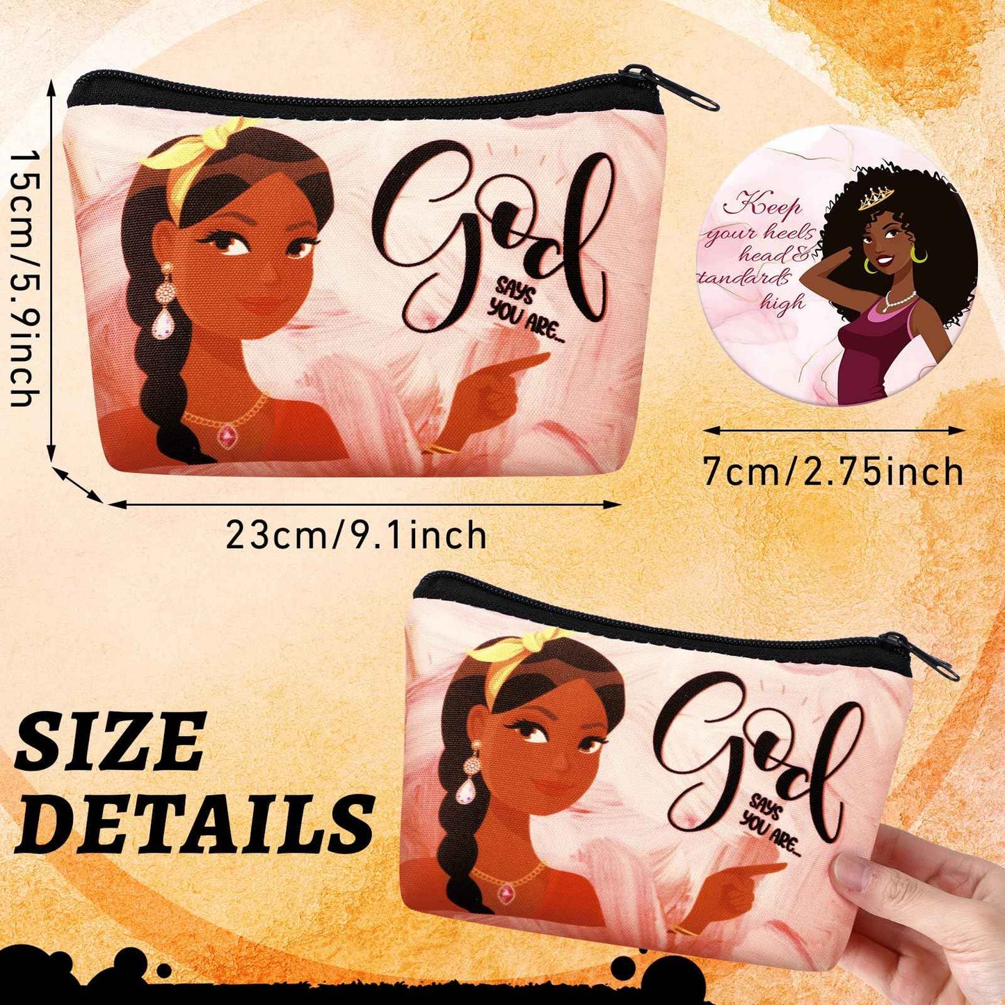 Kacctyen 20 Pcs Inspirational Gifts 10 Black African Women Makeup Bag 10 Mirrors Canvas Zipper Cosmetic Bags Travel Toiletry Pouch Bulk for Church Women Afro Housekeepers Teacher Coworker Employee