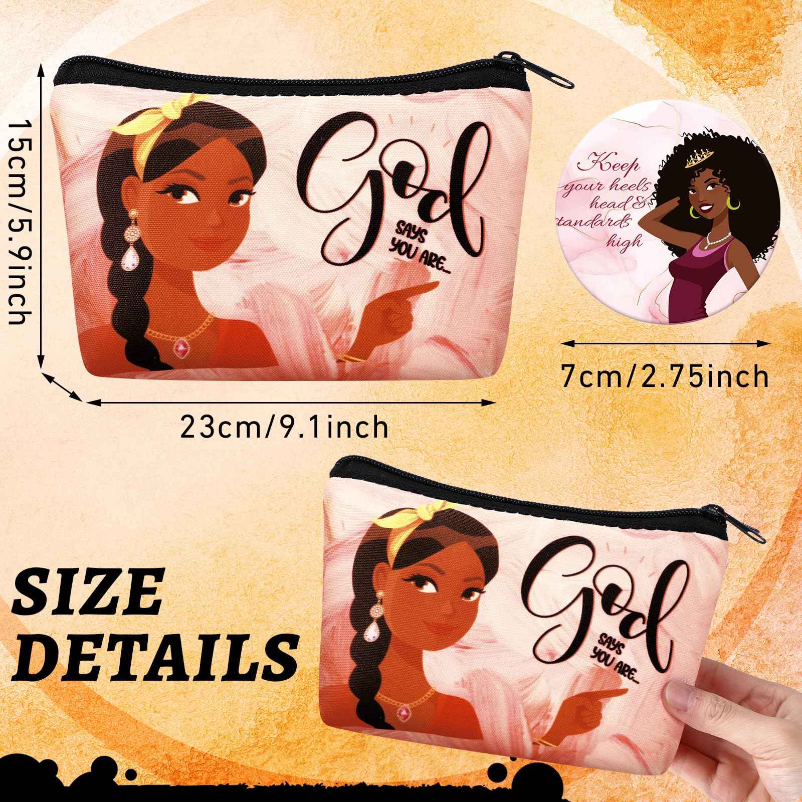 Kacctyen 20 Pcs Inspirational Gifts 10 Black African Women Makeup Bag 10 Mirrors Canvas Zipper Cosmetic Bags Travel Toiletry Pouch Bulk for Church Women Afro Housekeepers Teacher Coworker Employee