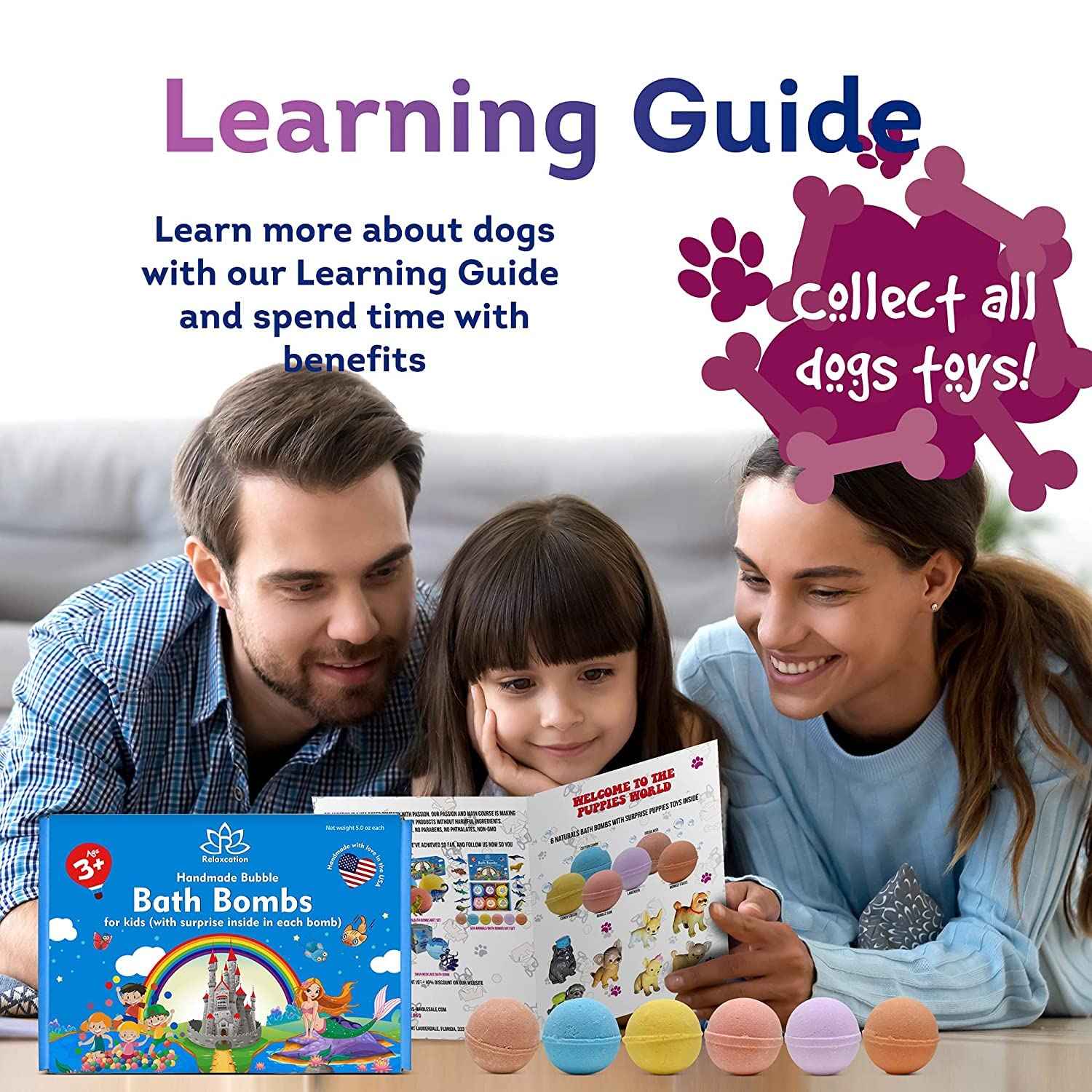 Organic Little Puppy Bath Bombs for Kids with Dog Toys Surprise Inside - Natural and Safe Bubble Bombs with Essential Oils - Bath Bombs Toys Inside – Great Gift Set for Boys and Girls Handmade in USA