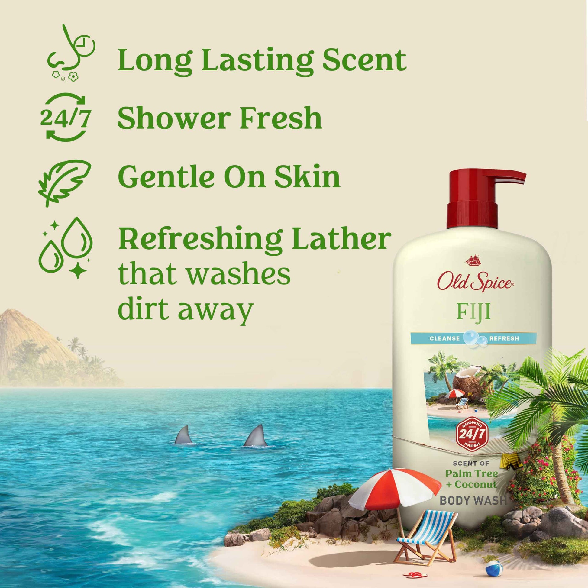 Old Spice Body Wash for Men, 24/7 Shower Fresh with Lasting Scent, Cleanse & Refresh, Gentle on Skin, Vitamin B3, Fiji with Palm Tree + Coconut Scent, 25 oz (Pack of 4)