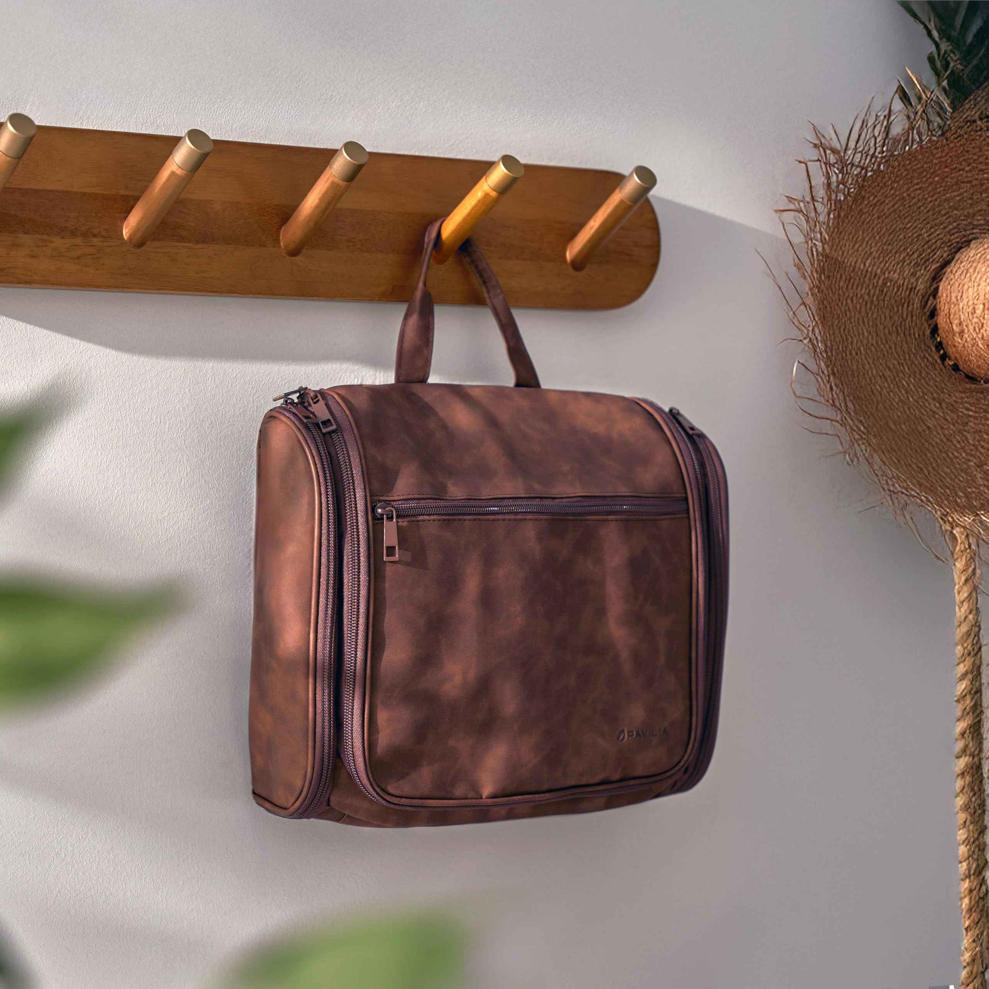 PAVILIA Large Hanging Toiletry Bag Travel Bag Women Men, PU Leather Cosmetic Organizer, Water Resistant Makeup Bag Accessories Toiletries, Travel Essentials Kit, Brown