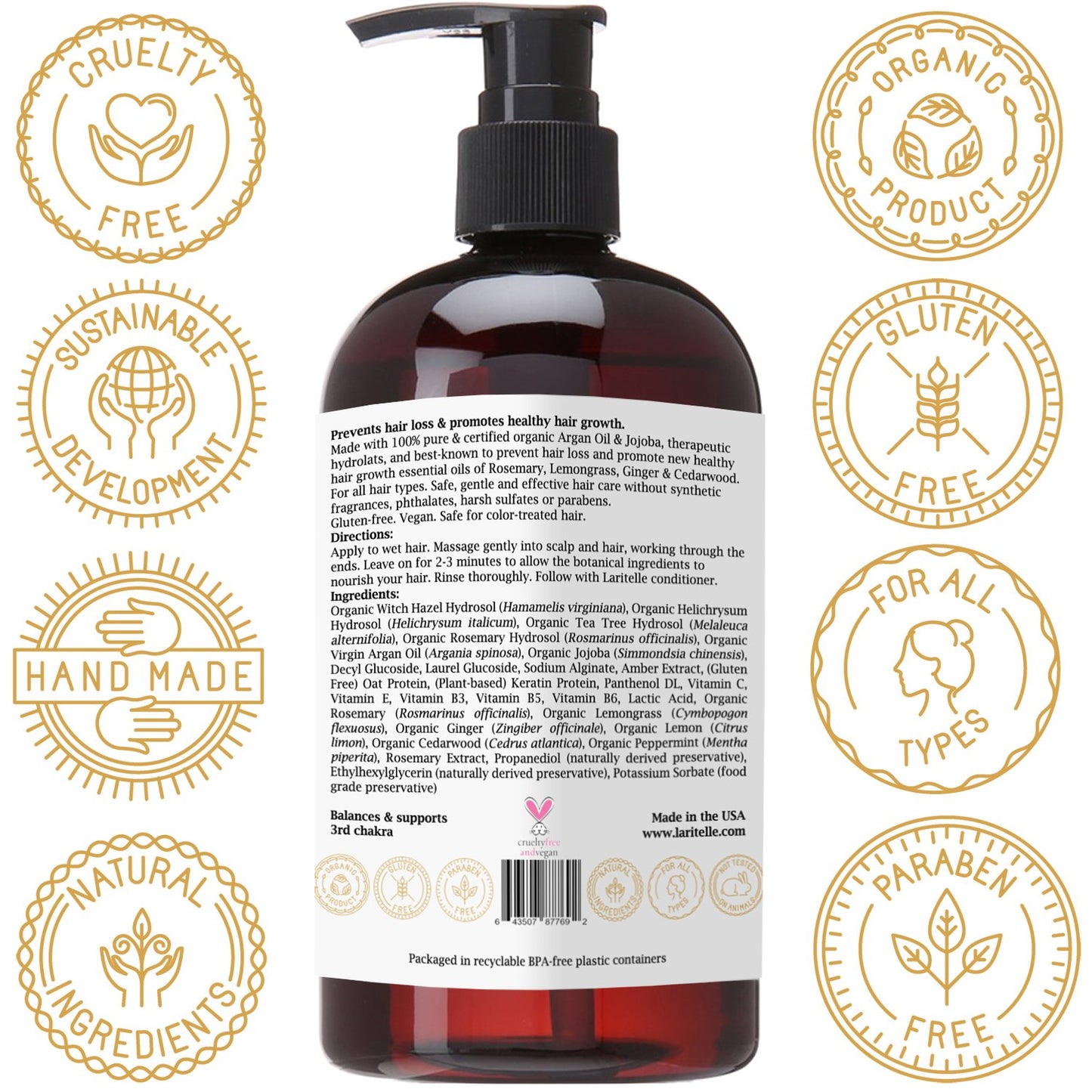 Laritelle Organic Anti-Thinning Shampoo Diamond Strong | RECOMMENDED BY DERMATOLOGISTS for Hair Loss Prevention | Strengthening, Follicle Stimulating | Argan, Rosemary, Lemongrass, Ginger & Cedarwood