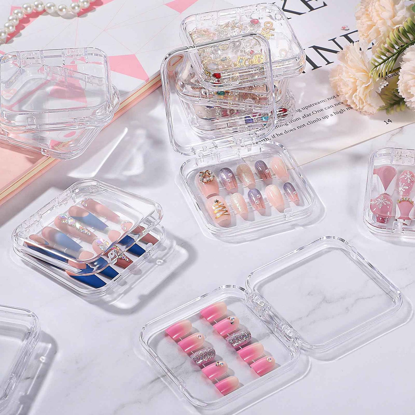 Noverlife 27 Set Press-On Nail Packaging Display Box w/ Adhesive Tape, 3x3" Clear Fake Nail Storage Container