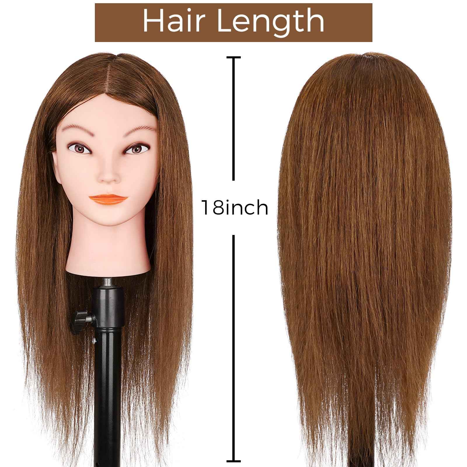 Mannequin Head with 100% Real Human Hair, Beauty Star Manikin Doll Head for Hair Styling, Cosmetology Hairdressing Training Practice Head with Clamp Stand and Braiding Accessories Kit (18" Dark Brown)