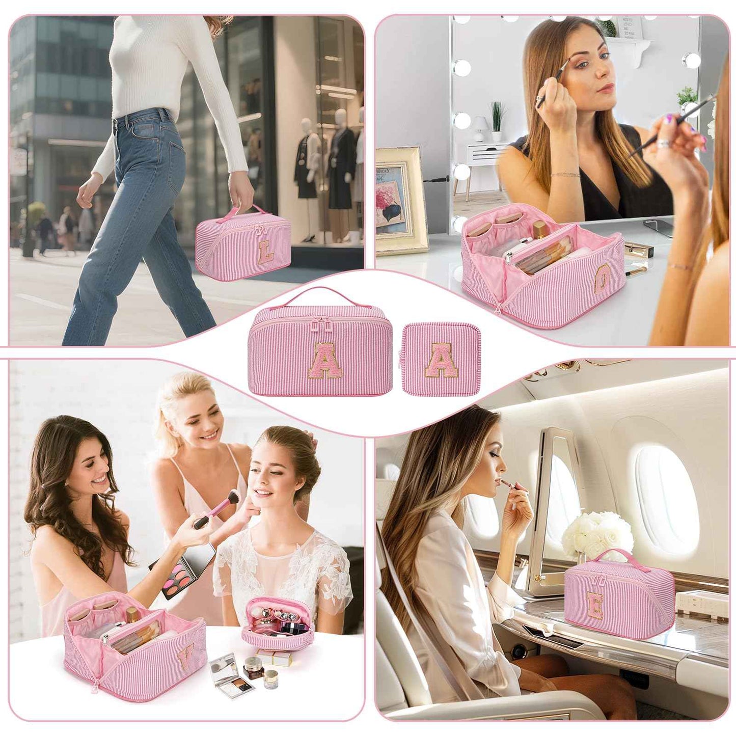 Travel Makeup Bag for Women, 2Pcs Portable Personalized Initial Makeup Organizer Bag, Open Flat Large Cosmetic Bag With Travel Essential Pouch (Pink Letter M)