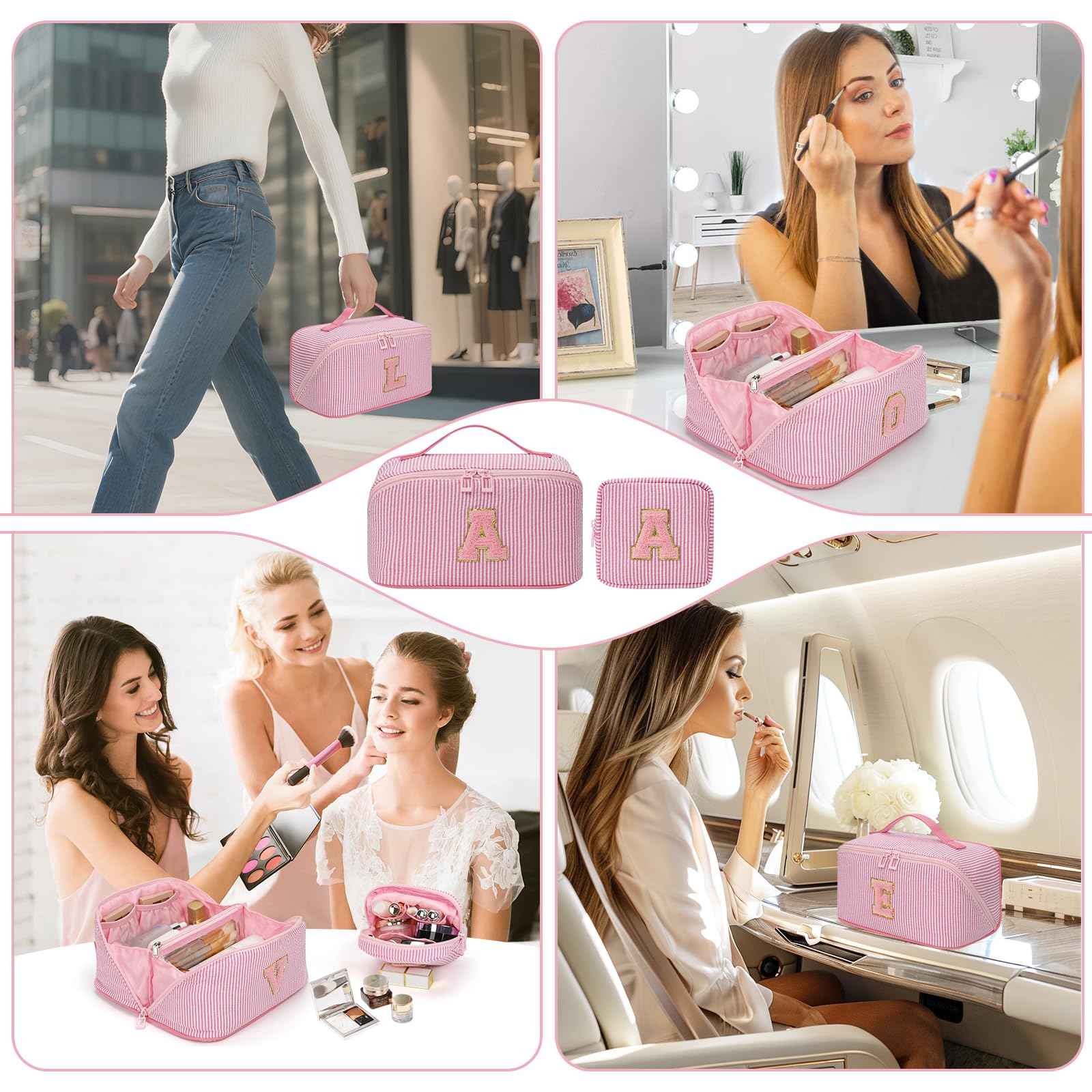 Travel Makeup Bag for Women, 2Pcs Portable Personalized Initial Makeup Organizer Bag, Open Flat Large Cosmetic Bag With Travel Essential Pouch (Pink Letter M)