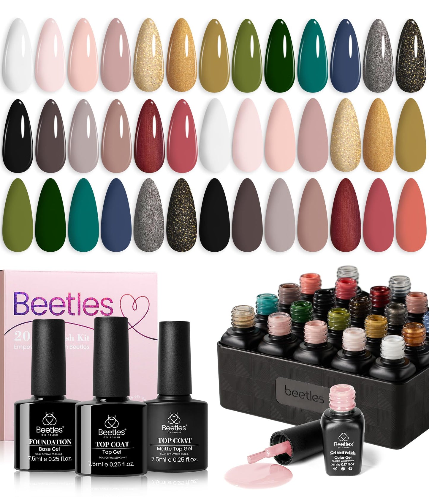 Beetles 23Pcs Gel Nail Polish Kit with Base Gel Top Coat, Pink Nude Grey Green White Black Glitters Gel Polish Set Soak off UV Led Gel Nail Art Manicure Gift for Girls Women Lucky Tarot Collection