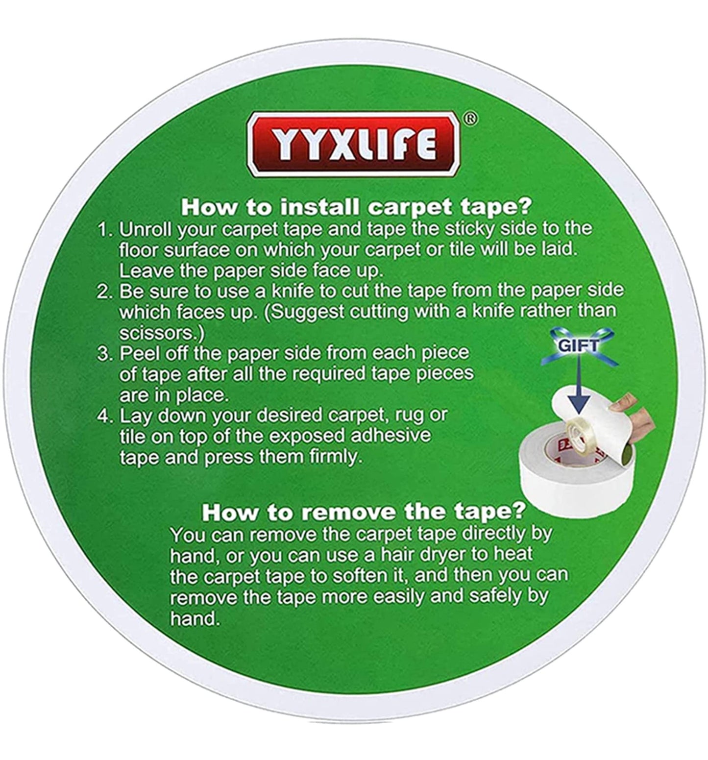 YYXLIFE Double Sided Removable Rug Tape - Carpet Adhesive for Hardwood Floors, 2 Inch x 10 Yards, White