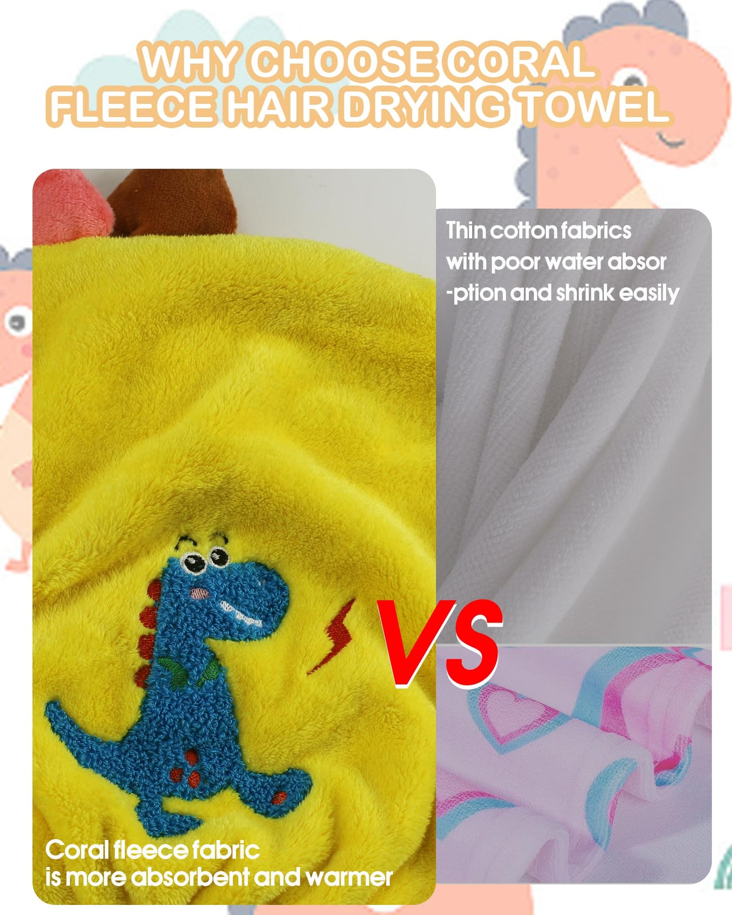 YI HENG MEI Microfiber Hair Towel Wrap for Kids Boys Girls Super Absorbent Hair Drying Towel Cute 3D Embroidery Dinosaur Coral Fleece Towel Turban for Wet Long Curly Thick Hair