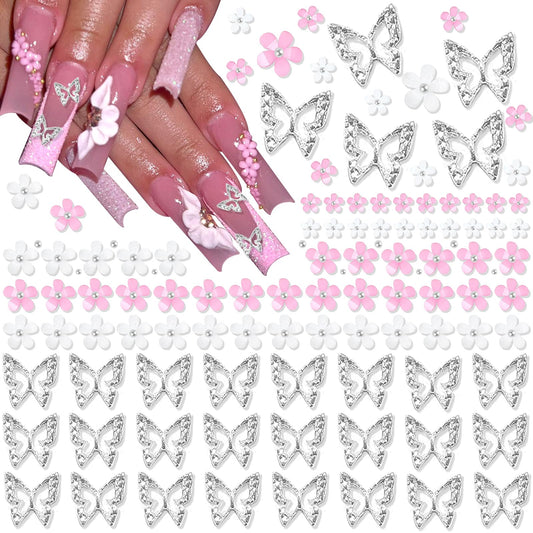 RODAKY 1000PCS Flower Nail Charms 3D Butterfly Nail Jewelry Pink Nail Flowers Charms Silver Metal Butterflies Resin Cute Flowers for Manicure DIY Nail Decoration