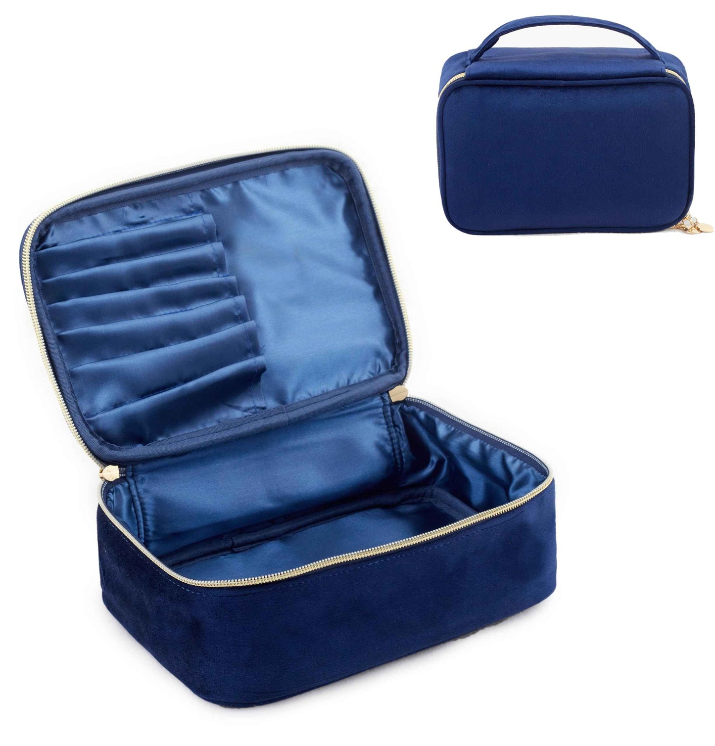 KOPY Velvet Makeup Bag for Women, Large and Classy Makeup Organizer, Make Up Travel Toiletry Bag Portable With Handle (Navy)