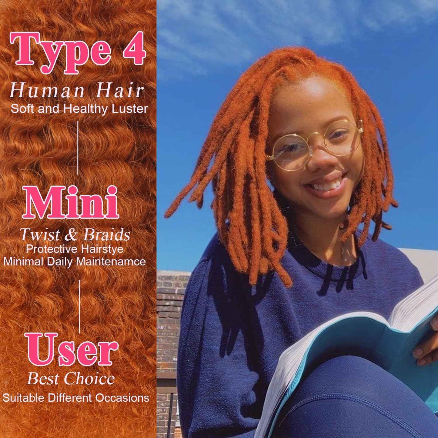 Afro Kinkys Bulk Human Hair for Braiding Afro Kinky-Curly Human Hair Bulk for Twist Ginger 18 Inch 50g/Bundle No Weft 4c Kinky Curly Bundles for Braids Micro Locs Dreadlock Extensions #350