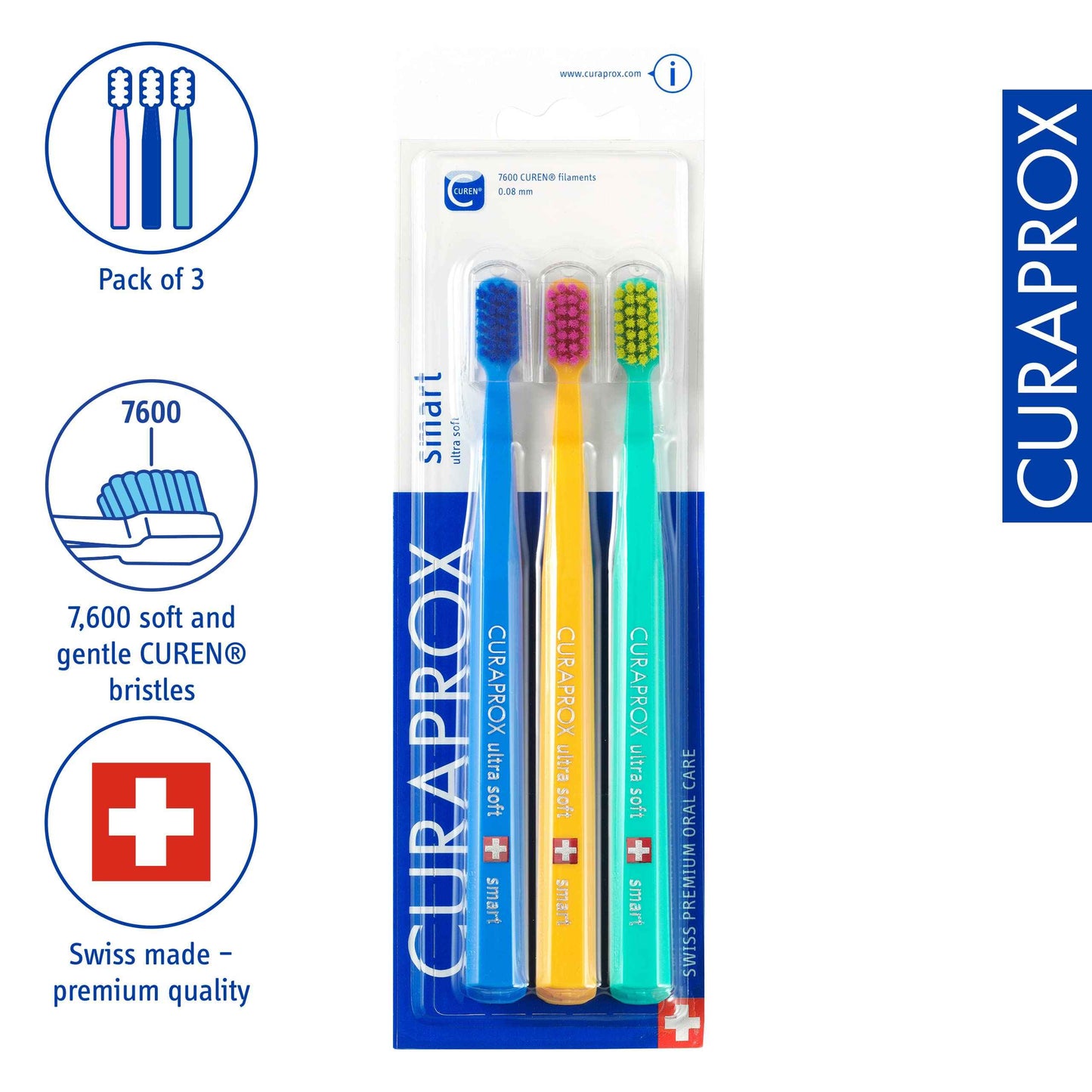 Curaprox CS Smart Toothbrush – Compact Brush Head for Children and Adults | Ultra-Gentle Cleaning | 3-Pack | Mixed Colours