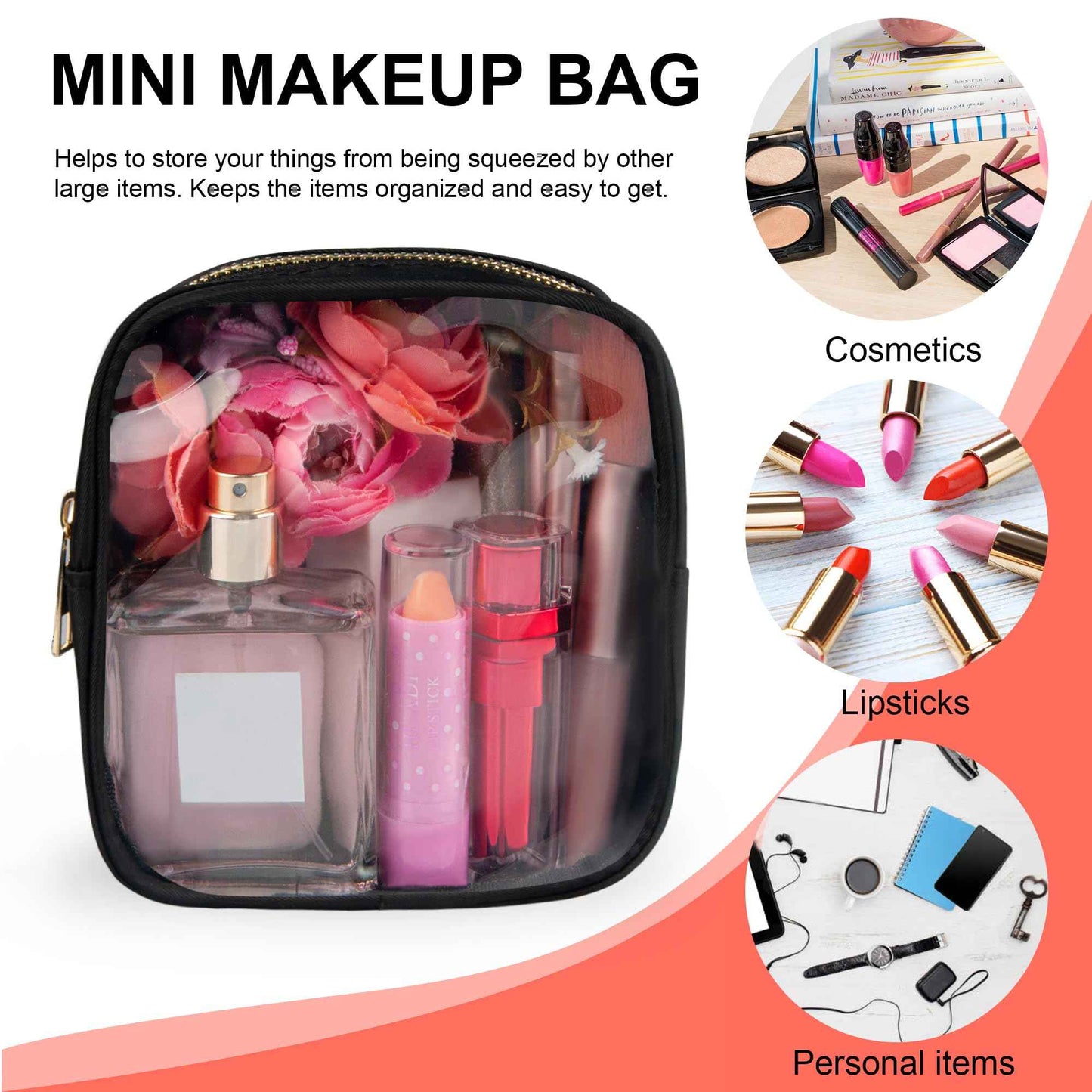 Ebbniur Clear Makeup Bag for Purse 2 Pcs Small Nylon Zipper Pouch Mini Travel Cosmetic Bag Clear Toiletry Bags for Traveling Cute Makeup Organizer for Women (2pcs black clear)