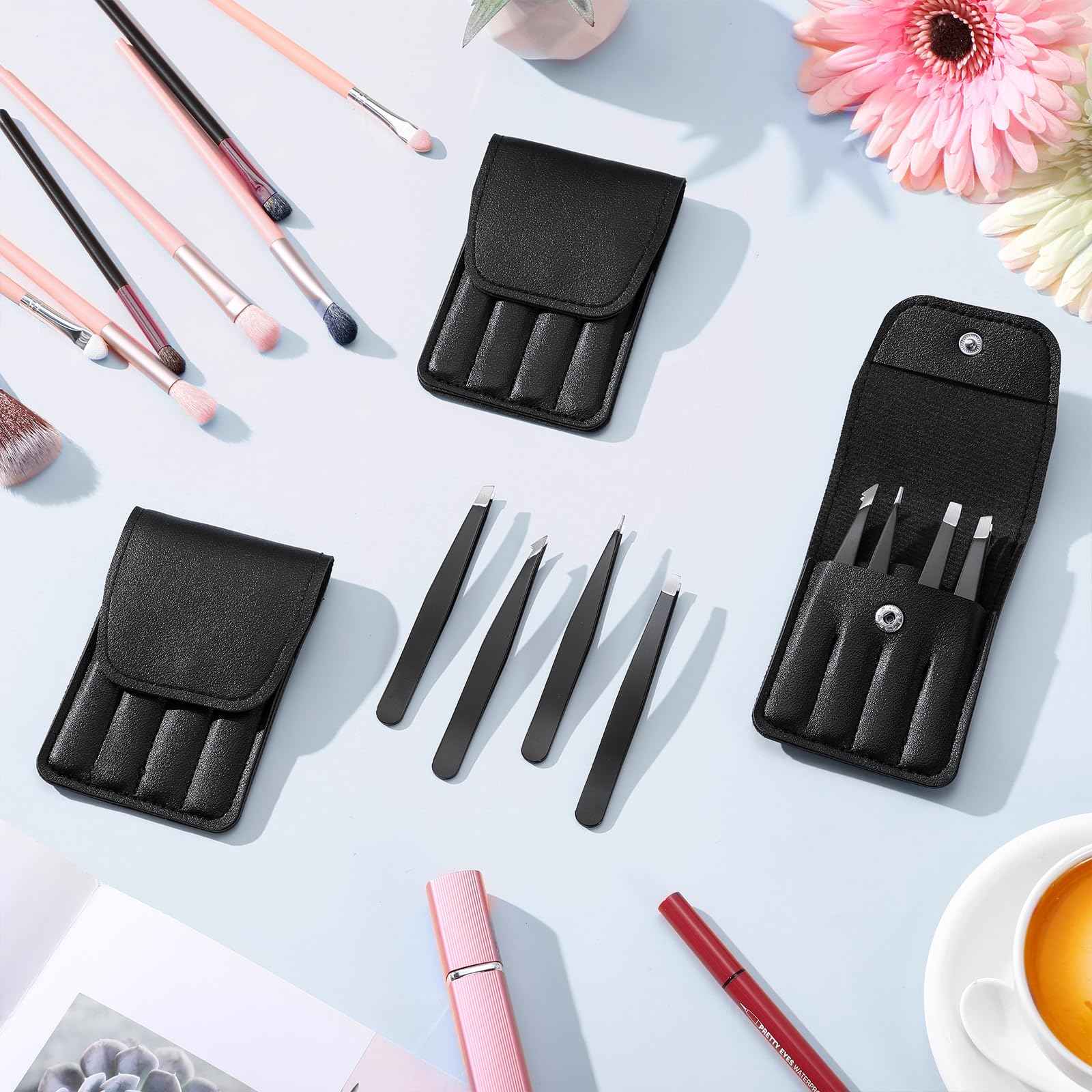 Lasnten 12 Sets Eyebrow Tweezers Set and Curved Scissors, 4 in 1 Professional Stainless Steel Tweezers for Women and Men, Splinter and Ingrown Hair Removal with Travel Case(Black)