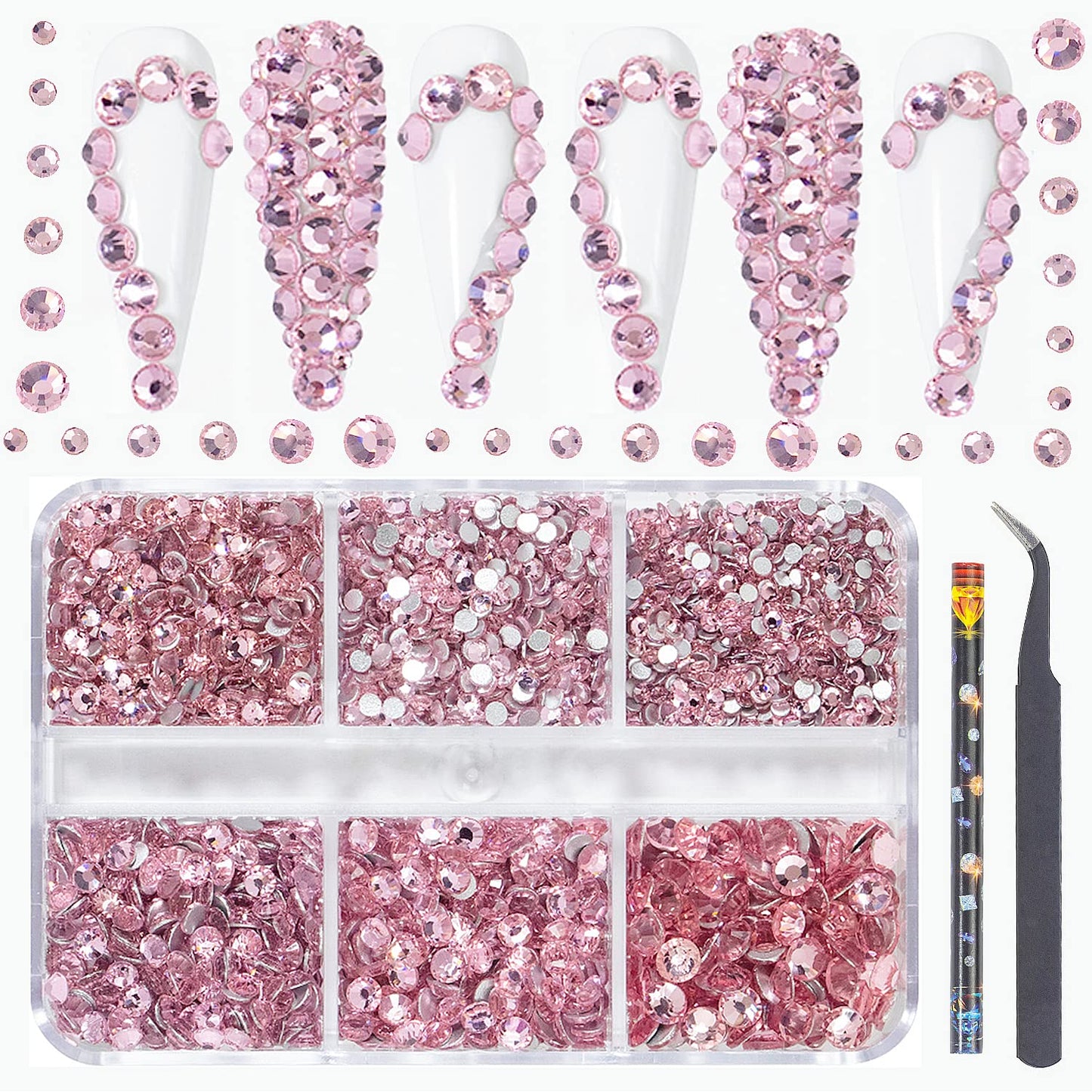 6Grids 3000Pcs Clear Flatback Rhinestones, Light Pink Nail Gems Crystals Jewels, Craft Glass Diamonds Stones Bling Rhinestone with Tweezers and Picking Pen For Nail Face Makeup(1.8mm~4mm Crystal)