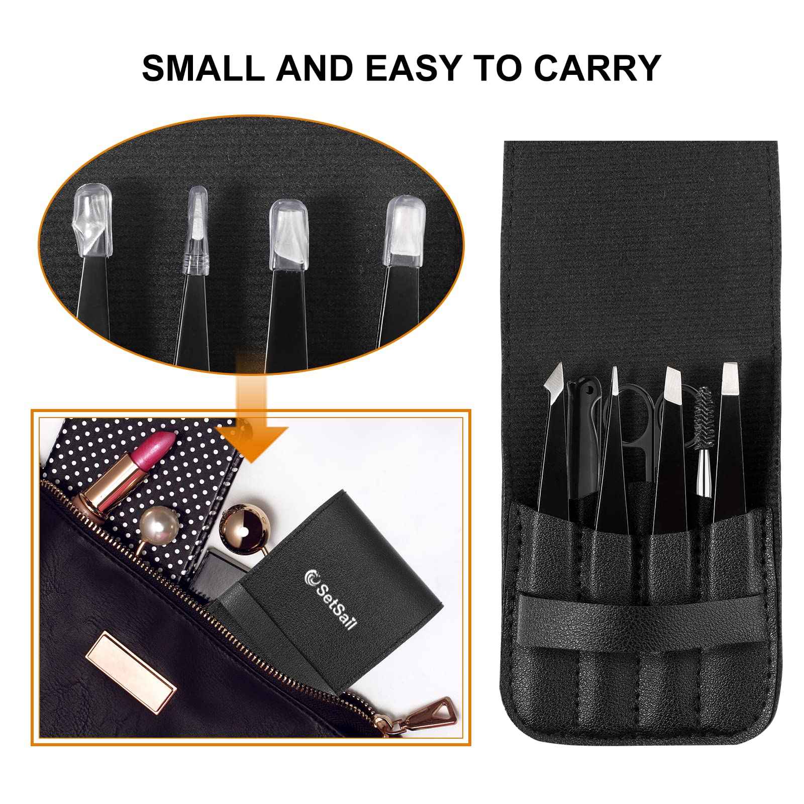 SetSail 4-Piece Tweezers Set, Eyebrow Tweezers Black Stainless Steel Slant, Slanted Pointed, Round Pointed & Flat Tip Tweezers for Precision Grooming for Women & Men