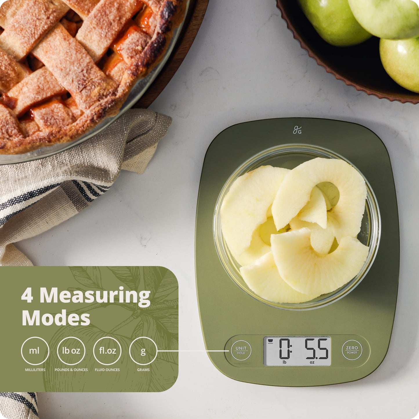 Greater Goods Digital Kitchen Scale - Cooking, Baking, Meal and Food Prep Scale, Weighs in Grams, Pounds and Ounces, Moss Green