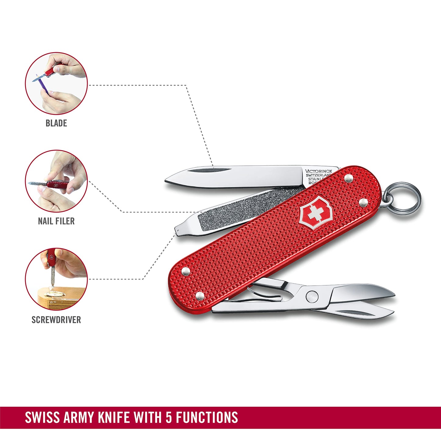 Victorinox Classic SD Alox Swiss Army Knife, Compact, 5 Functions, Swiss Made Pocket Knife with Small Blade, Screwdriver and Key Ring - Sweet Berry (Red)