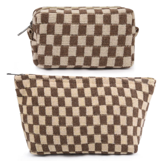 SOIDRAM 2 Pieces Makeup Bag Large Checkered Cosmetic Bag Brown Capacity Canvas Travel Toiletry Bag Organizer Cute Makeup Brushes Aesthetic Accessories Storage Bag for Women