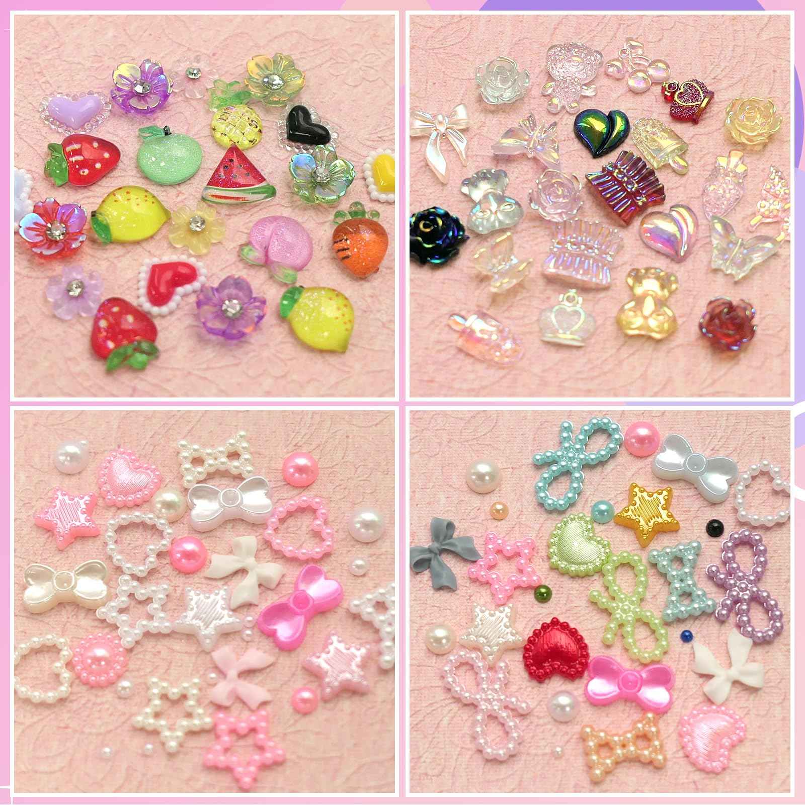 AddFavor Nail Charms Kit 3D Assorted Bow Nail Charms and Gem Pearls Bows Flower Nail Charms Heart Butterfly Fruit Acrylic Nail Charms for Nails Manicure DIY Design Crafts Accessories