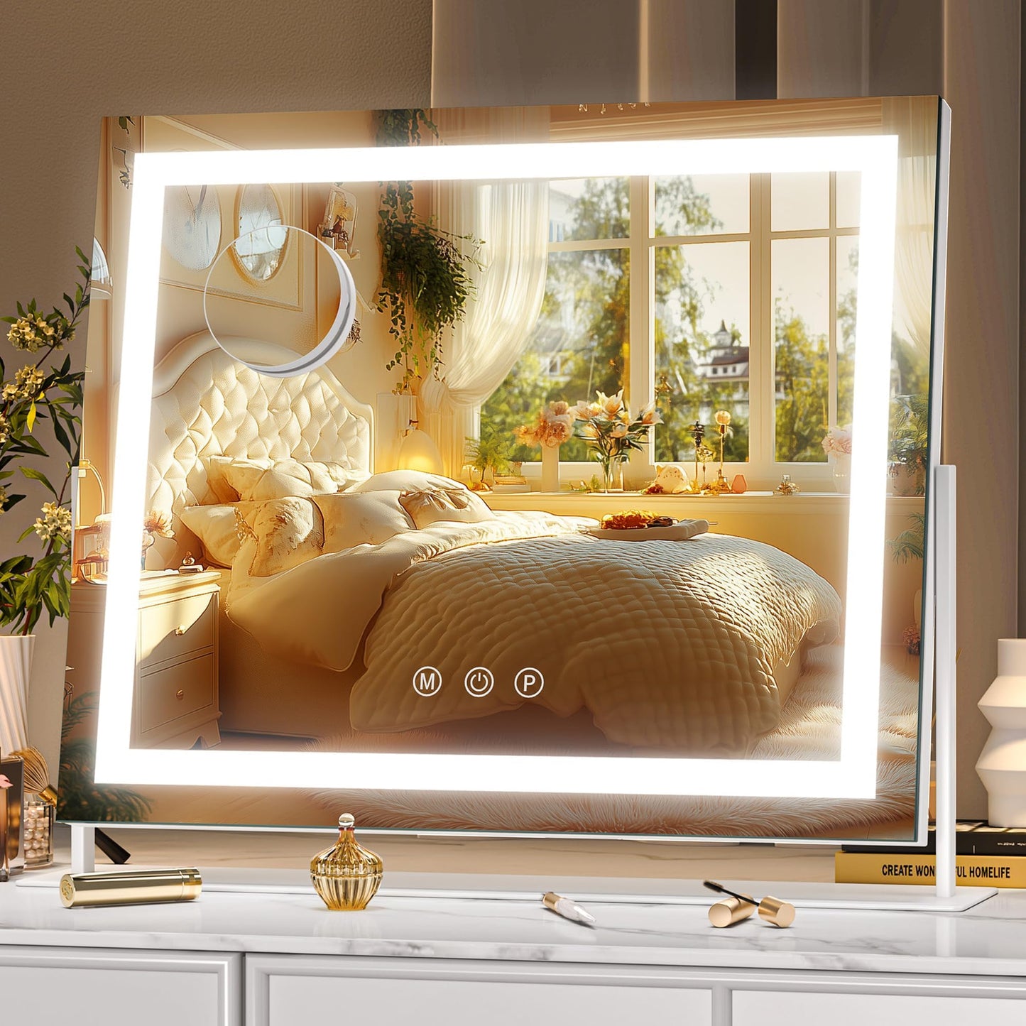 Hasipu Vanity Mirror with Lights, 12" x 10" LED Makeup Mirror, Light up Mirror with 10X Magnification, Smart Touch 3 Colors Dimmable, 360° Rotation (White)