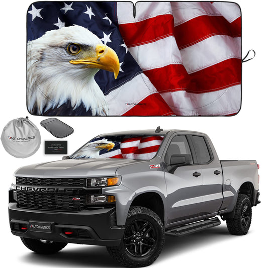 Autoamerics 1-Piece Windshield Sun Shade American Eagle Flag - 3 USA Patriotic Design - Foldable Car Front Window Sunshade for Sedans SUV Truck - Blocks Max UV Rays and Keeps Your Vehicle Cool - Large