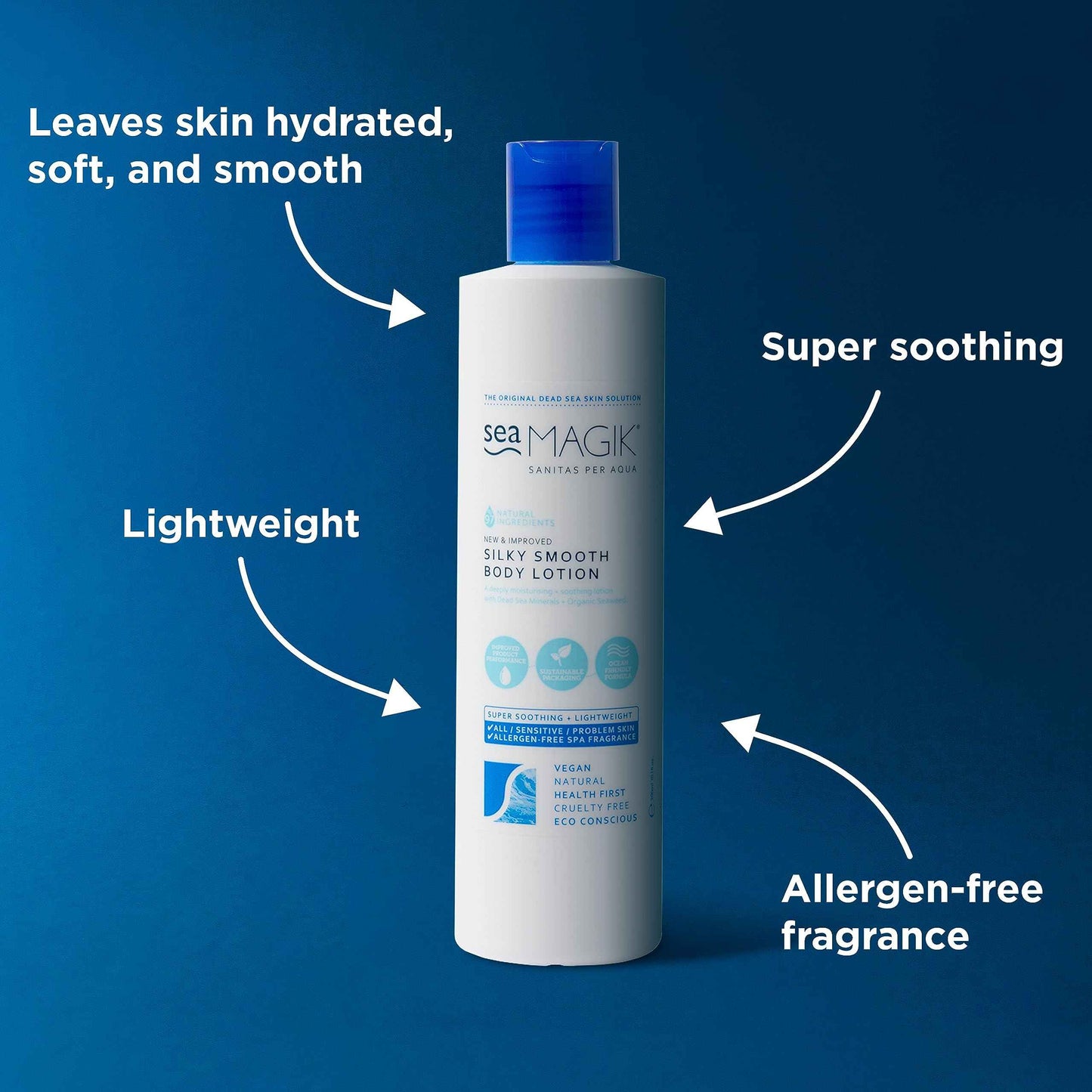 Sea Magik Silky Smooth Body Lotion 10.14oz/ 300ml / Mineral-Rich / Dead Sea Salt and Organic Seaweed/ 100% Vegan/ Sustainable Packaging